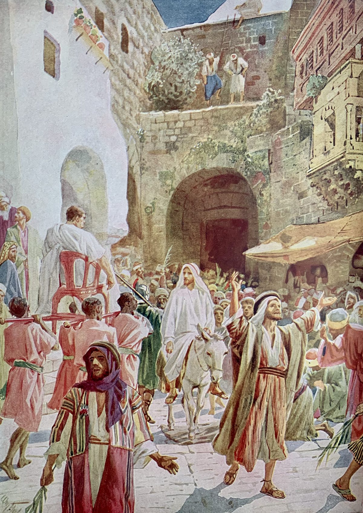 Plansch med en bild där Jesus rider in i Jerusalem
